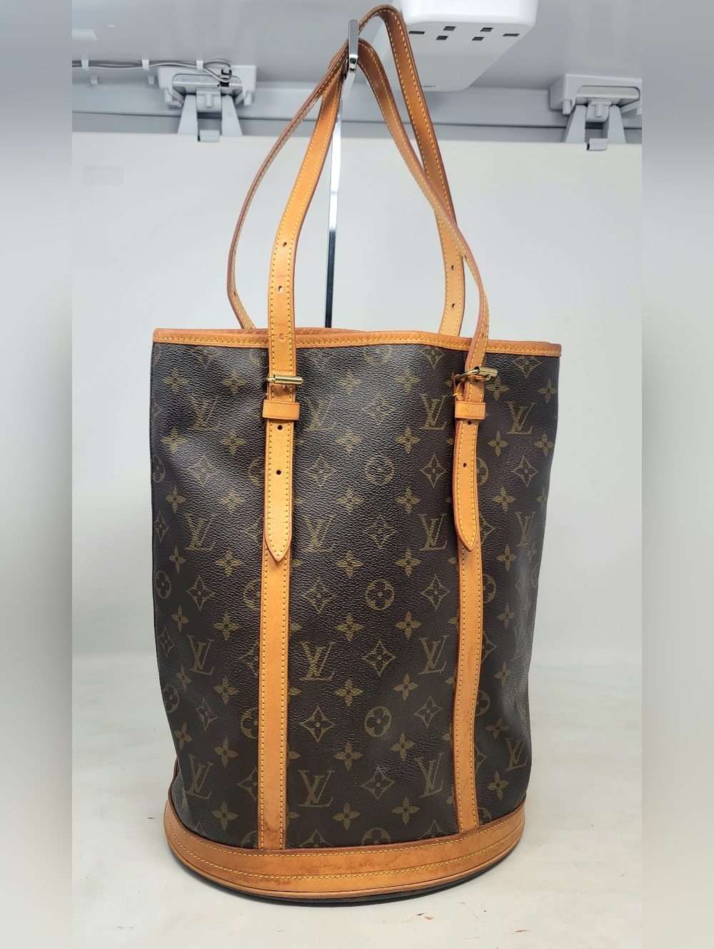 Louis Vuitton Cabas Bucket GM Monogram Canvas Leather Tote Hand Bag Authentic